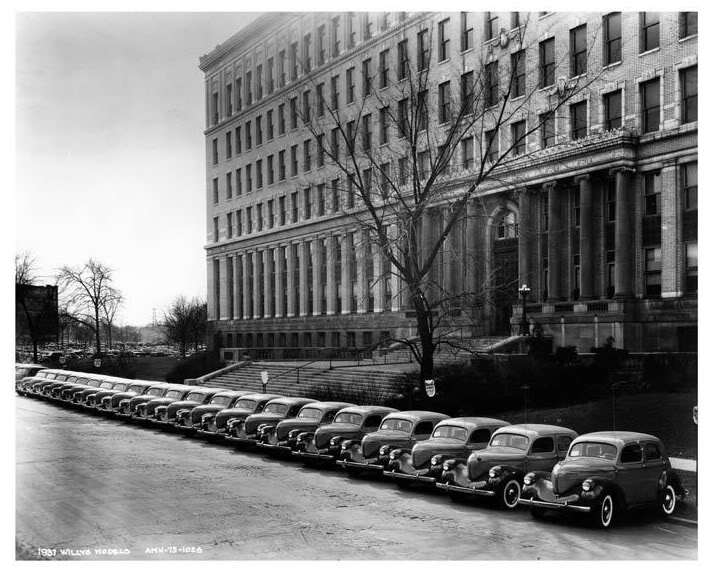 Admin Building South 1937, Toledo OH. showing line up of 1937 Willys sedans