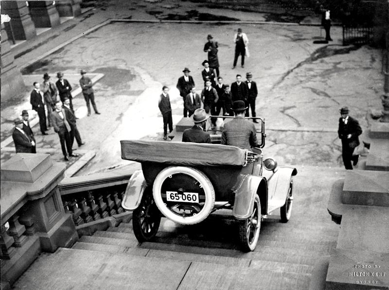 Overland being driven down steps of Sydney Town Hall, NSW, Australia