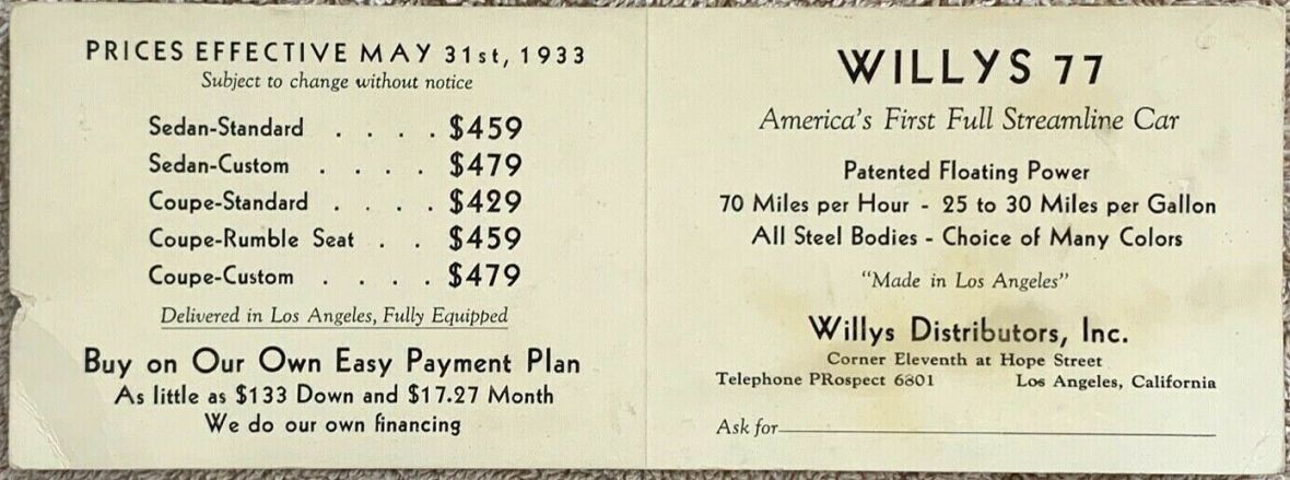 1933 Willys Model 77 Price List - USA