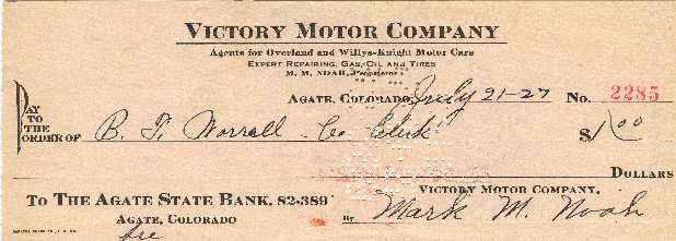Victory Motor Company Bank Check